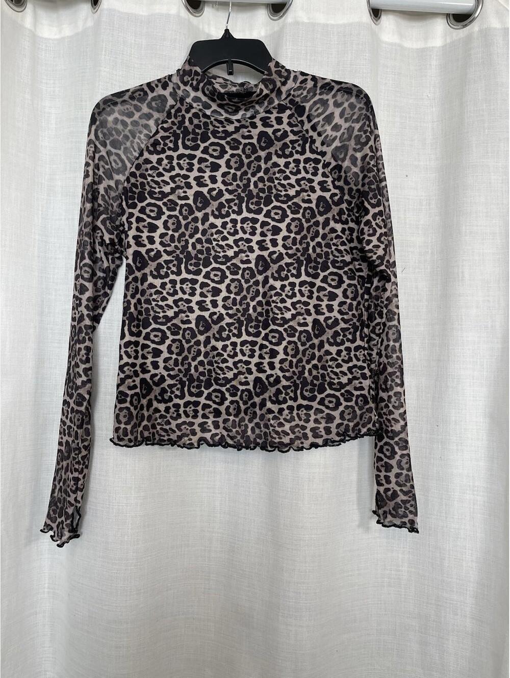 DeaLmore Lacey sheer Leopard mesh Mock Neck Womens Top Sz L